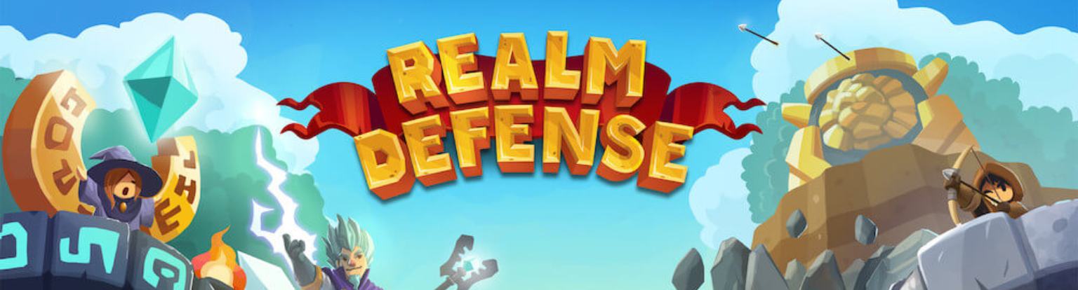 an image showing the words 'REALM DEFENSE' upon a red banner in the sky. below the banner, various characters from the game are shown.