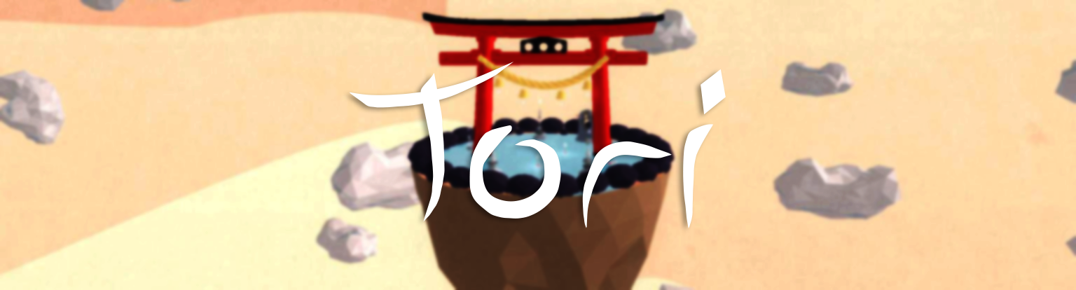 the word 'Tori' is displayed across an in-game depiction of a red torii gate on a small floating island covered in water. clouds fill the air